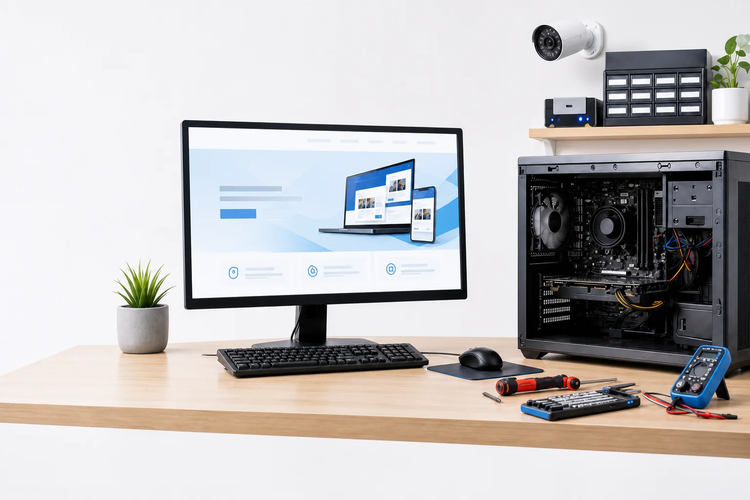 Bancada de tecnologia com computador em manutenção, câmera e monitor